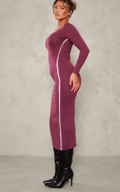 Burgundy Cotton Contrast Seam One Shoulder Midaxi Dress