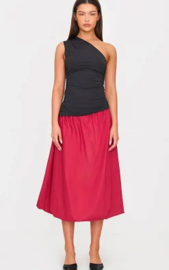 Burgundy Cotton Poplin Midi Puffball Skirt