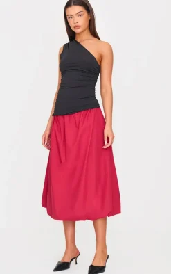 Burgundy Cotton Poplin Midi Puffball Skirt