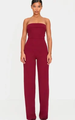 Burgundy Crepe Fold Over Detail Wide Leg Jumpsuit