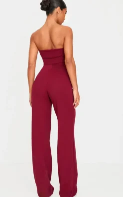 Burgundy Crepe Fold Over Detail Wide Leg Jumpsuit