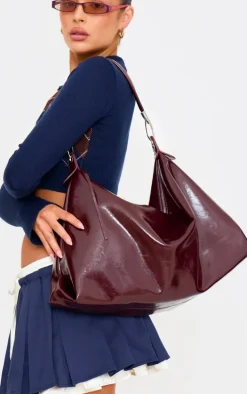 Burgundy Crinkle Patent PU Oversized Slouchy Tote Bag