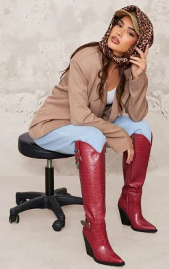 Burgundy Croc PU Point Toe High Block Heel Knee High Western Boots