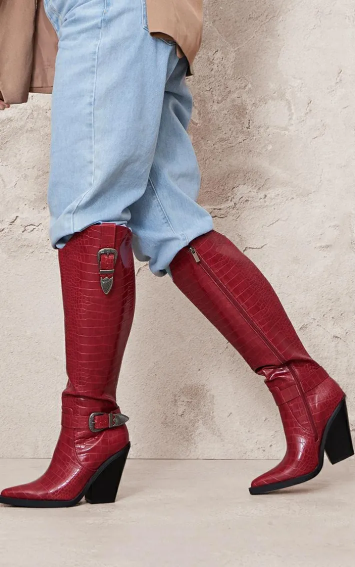 Burgundy Croc PU Point Toe High Block Heel Knee High Western Boots