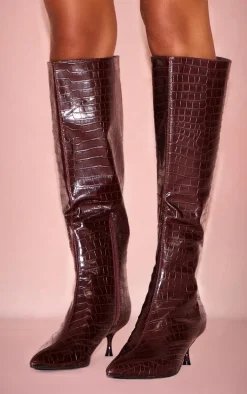 Burgundy Croc PU Point Toe Low Heel Knee High Boots