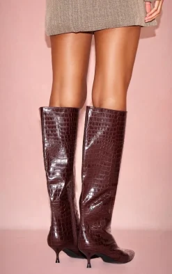 Burgundy Croc PU Point Toe Low Heel Knee High Boots