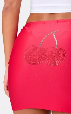 Burgundy Diamante Cherry Detail Jersey Mini Skirt