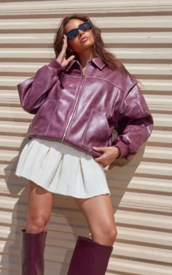 Burgundy Distressed Faux Leather Oversized Longline Bomber Jacket