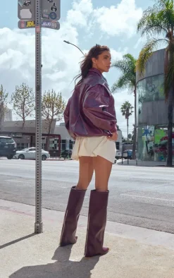 Burgundy Distressed Faux Leather Oversized Longline Bomber Jacket