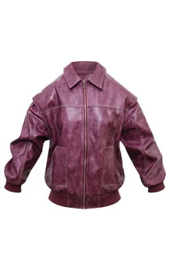 Burgundy Distressed Faux Leather Oversized Longline Bomber Jacket