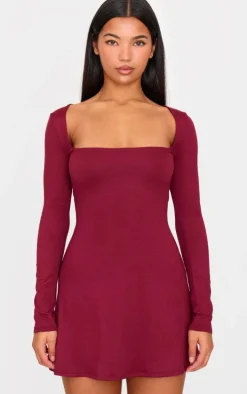 Burgundy Double Contour Square Neck Long Sleeve Bodycon Dress