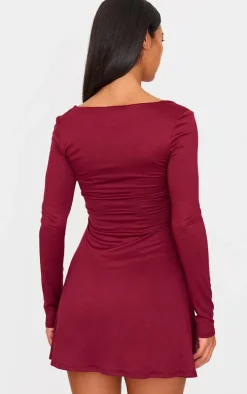 Burgundy Double Contour Square Neck Long Sleeve Bodycon Dress