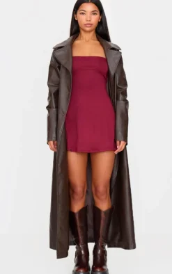 Burgundy Double Contour Square Neck Long Sleeve Bodycon Dress