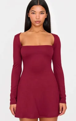 Burgundy Double Contour Square Neck Long Sleeve Bodycon Dress