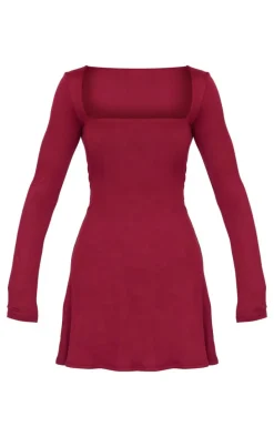 Burgundy Double Contour Square Neck Long Sleeve Bodycon Dress