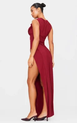 Burgundy Double Layer Draped Knotted Split Maxi Dress