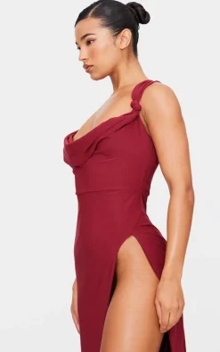 Burgundy Double Layer Draped Knotted Split Maxi Dress