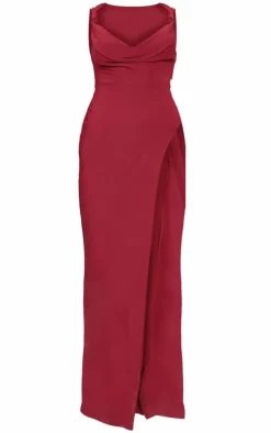 Burgundy Double Layer Draped Knotted Split Maxi Dress