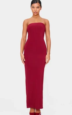 Burgundy Double Layer Slinky Bandeau Low Back Maxi Dress