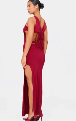 Burgundy Double Layer Slinky Tie Back Maxi Dress