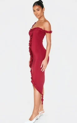 Burgundy Double Layer Slinky Frill Hem Asymetric Midi Dress