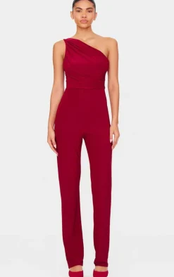 Burgundy Double Layer Slinky Asymmetric Ruched Detail Jumpsuit