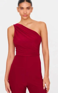 Burgundy Double Layer Slinky Asymmetric Ruched Detail Jumpsuit