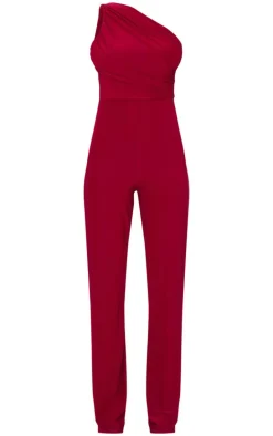 Burgundy Double Layer Slinky Asymmetric Ruched Detail Jumpsuit