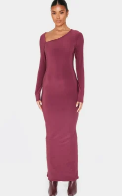 Burgundy Double Slinky Asymmetric Neckline Long Sleeve Maxi Dress