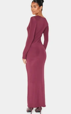 Burgundy Double Slinky Asymmetric Neckline Long Sleeve Maxi Dress