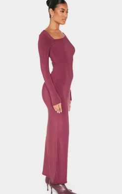 Burgundy Double Slinky Asymmetric Neckline Long Sleeve Maxi Dress
