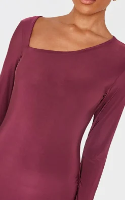 Burgundy Double Slinky Asymmetric Neckline Long Sleeve Maxi Dress