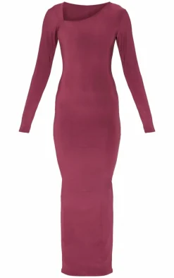 Burgundy Double Slinky Asymmetric Neckline Long Sleeve Maxi Dress