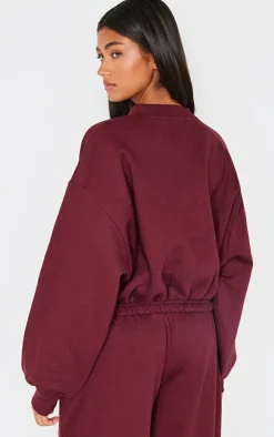 Burgundy Drawcord Waist Cropped Zip Up Sweatshirt