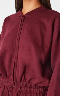Burgundy Drawcord Waist Cropped Zip Up Sweatshirt