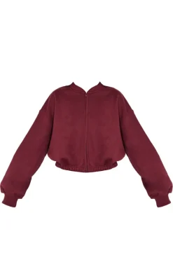 Burgundy Drawcord Waist Cropped Zip Up Sweatshirt