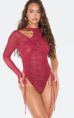 Burgundy Extreme Ruched Seam Detail One Sleeve Bodysuit
