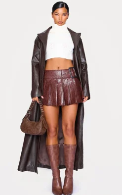 Burgundy Faux Leather Belt Pleated Mini Skirt