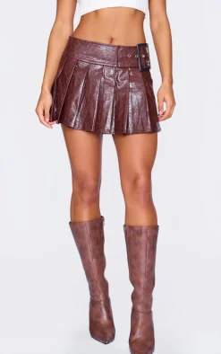 Burgundy Faux Leather Belt Pleated Mini Skirt