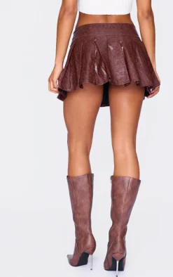 Burgundy Faux Leather Belt Pleated Mini Skirt