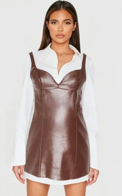 Burgundy Faux Leather Corset Detail Long Sleeve Shirt Dress