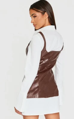 Burgundy Faux Leather Corset Detail Long Sleeve Shirt Dress