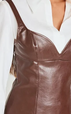 Burgundy Faux Leather Corset Detail Long Sleeve Shirt Dress