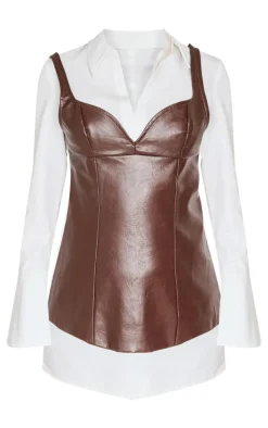 Burgundy Faux Leather Corset Detail Long Sleeve Shirt Dress