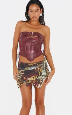 Burgundy Faux Leather Lace Side Buckle Detail Corset