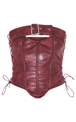Burgundy Faux Leather Lace Side Buckle Detail Corset