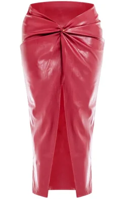 Burgundy Faux Leather Twist Detail Front Midi Skirt