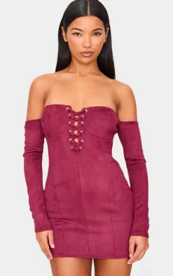 Burgundy Faux Suede Lace Up Detail Bardot Bodycon Dress
