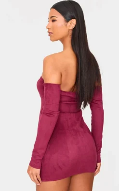 Burgundy Faux Suede Lace Up Detail Bardot Bodycon Dress