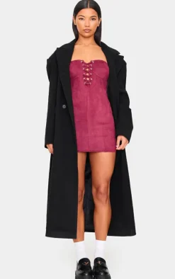 Burgundy Faux Suede Lace Up Detail Bardot Bodycon Dress